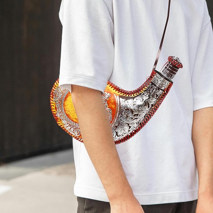 Amosfun Retro Wine Bota Vintage Leather Canteen Hip Flask Pouch Container Mongolia Water Bag with Strap for Travel, Camping, Hiking, 12.20 X 8.07 X 0.98 Inches