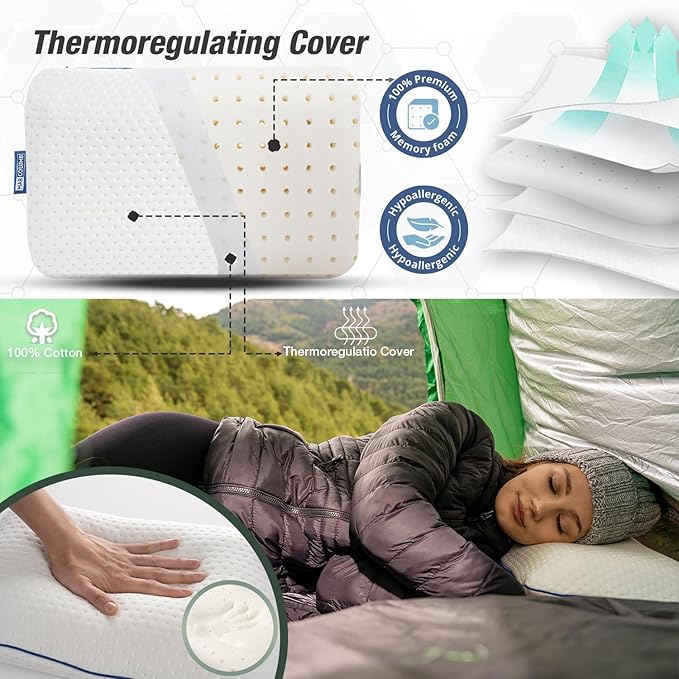 Travel & Camping Comfortable Memory Foam Pillow – Easy to Carry Portable Bag – Temperature Regulating Pillow Case - Perfect for Travelling (White)