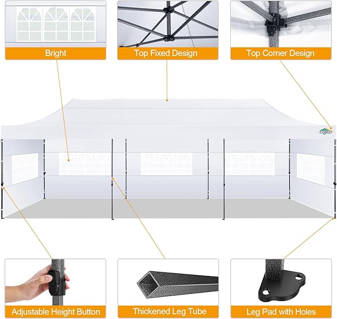 COBIZI 10x30 Pop up Canopy Tent 10x30 Canopy with 8 Sidewalls Waterproof Heavy Duty Commercial Canopy Tent for Parties Outdoor Tent Garden Gazebo Tent, Carry Bag with Wheel(10x30ft, White)