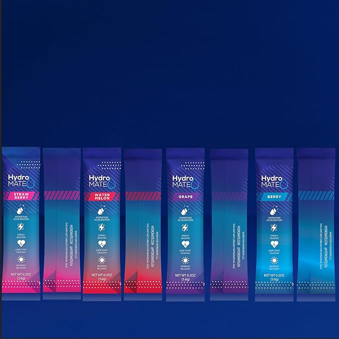 HydroMATE Electrolytes Powder Drink Mix Packets Hydration Accelerator Low Sugar Party Favors for Rapid Recovery Vitamin C Plus Caffeine Variety Pack 16 Sticks