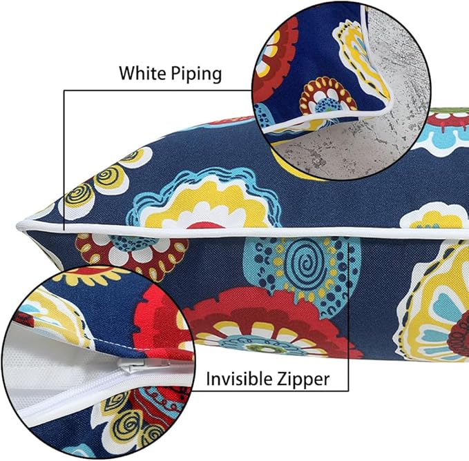 Magpie Fabrics Pack of 2 Outdoor Waterproof Lumbar Rectangular Throw Pillow with Insert 12x20 Inch, Home Decorative Toss Cushion for Patio Garden Car Office (Floral Navy)