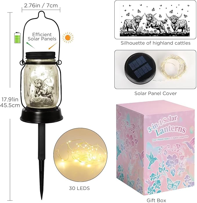 Highland Cow Gifts for Women/Men Highland Cattle Lovers Solar Lantern Mom Birthday, Mothers Day, Christmas Gifts, Solar Cow Garden Decoration Outside for Yard, Patio,Backyard,Porch, Torches