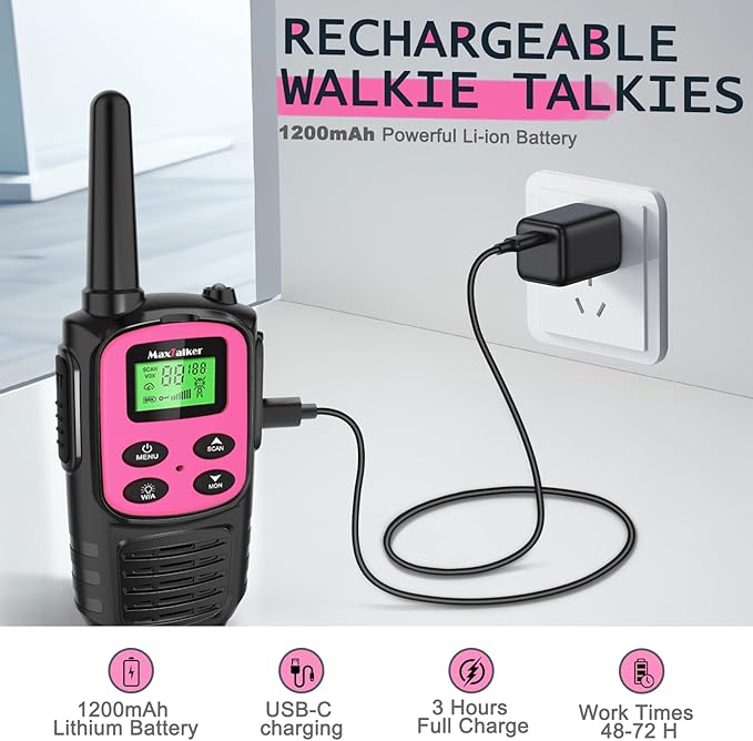 Walkie Talkies Long Range for Adult, MT10 Rechargeable Walkie Talkies FRS Two Way Radio, NOAA, 1200mAh Li-ion Battery USB-C Cable, LED Flashlight,VOX Walkie Talkie for Camping 2Pack (Pink)