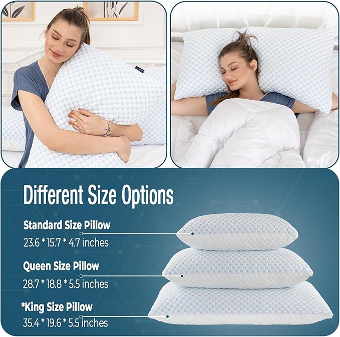 alkamto Cooling Shredded Memory Foam Pillow – Adjustable Gel for Personalized Support – Double-Sided Ice Silk & Soft Rayon – Lightweight, Compressible (White) (King)