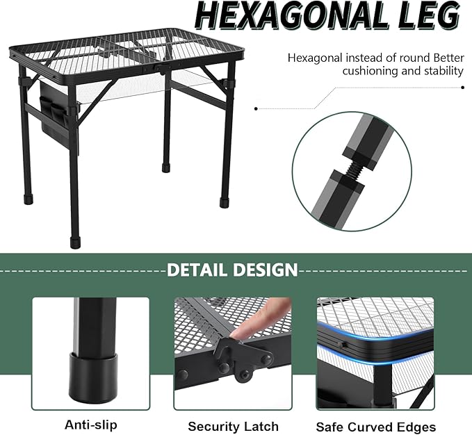 Folding Table, 2x1.3 FT Camping Table with Mesh Desktop,Folding Grill Table with Mesh Bag,Portable Outdoor for Picnic,Camping,BBQ,Beach(Black)