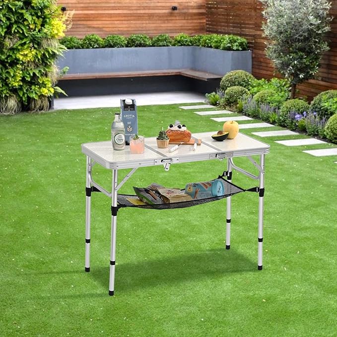 3ft Aluminum Folding Picnic Table - Lightweight & Portable Outdoor Table with Adjustable Height, Storage Net for Camping, Backyard, RV Trips