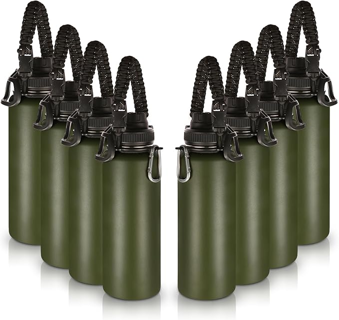 Volhoply Insulated Water Bottles Bulk 8 Pack, 40 oz Stainless Steel Sports Bottle with Paracord Handle Spout Lid, Vacuum Metal Travel Cups with Wide Mouth,Reusable Large Water Cup(Army Green,8 Set)