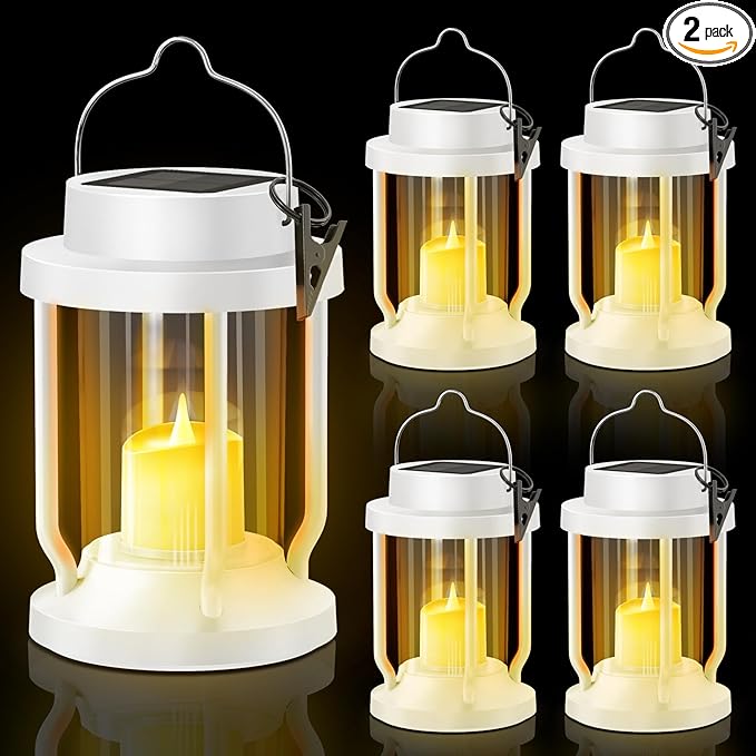 Solar Lantern Outdoor & Indoor Use – Hanging Solar Lights with Realistic Flickering Flameless Candle, Weatherproof for Gardens, Patios, Trees, and Lawns (White, 4 Pack)