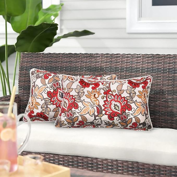 Magpie Fabrics Pack of 2 Outdoor Lumbar Pillow Case Covers 12"x20", Waterproof Rectangular Throw Pillowcase Shell Decorative Sham for Patio Garden Couch - Floral Red Orange