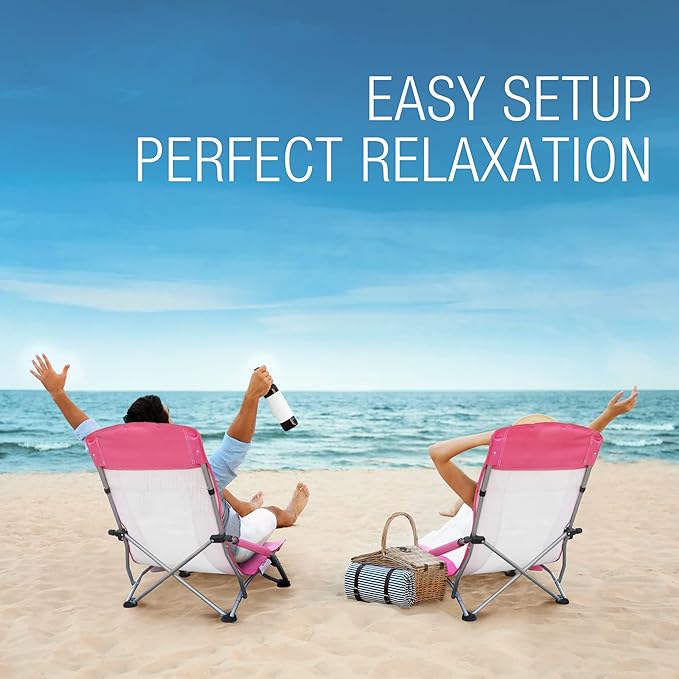 HAUSHOF 2-Pack High Back Beach Chairs, Mesh Back Folding Chair, Lightweight Low Seat Camping Chairs with Cup Holder, Carry Bag, Padded Armrest for Outdoor Beach Lawn Camping Picnic Festival