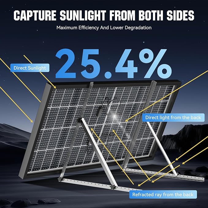 200W Bifacial Solar Panel, High Efficiency Dual-Sided PV Module, 25.4% Conversion Rate, IP68 Waterproof, Durable for RV, Marine, Cabin, Farm, Off-Grid Battery Charging