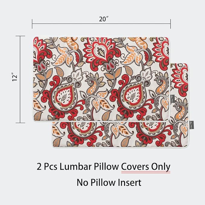 Magpie Fabrics Pack of 2 Outdoor Lumbar Pillow Case Covers 12"x20", Waterproof Rectangular Throw Pillowcase Shell Decorative Sham for Patio Garden Couch - Floral Red Orange