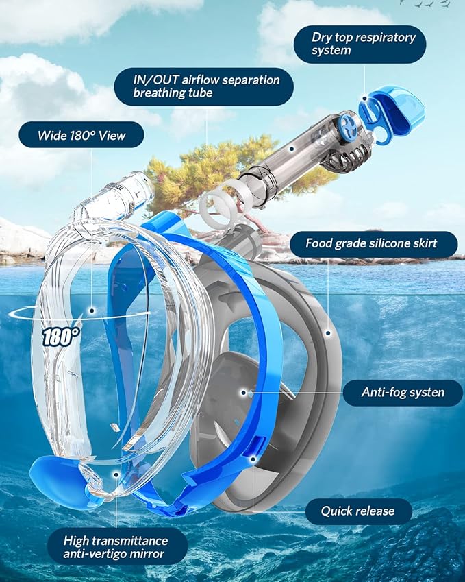 QingSong Full Face Snorkel Mask for Adults, Snorkeling Gear with Camera Mount, 180 Degree Panoramic View Snorkel Set Anti-Fog Anti-Leak