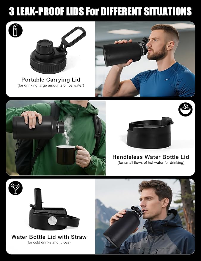 Tactical Half Gallon Water Bottle with Straw, 64 oz Insulated Water Jug with Molle Sleeve, Stainless Steel Sport Bottle with 3 BPA Free Lids for Gym Workout Hiking (Black, 64OZ)