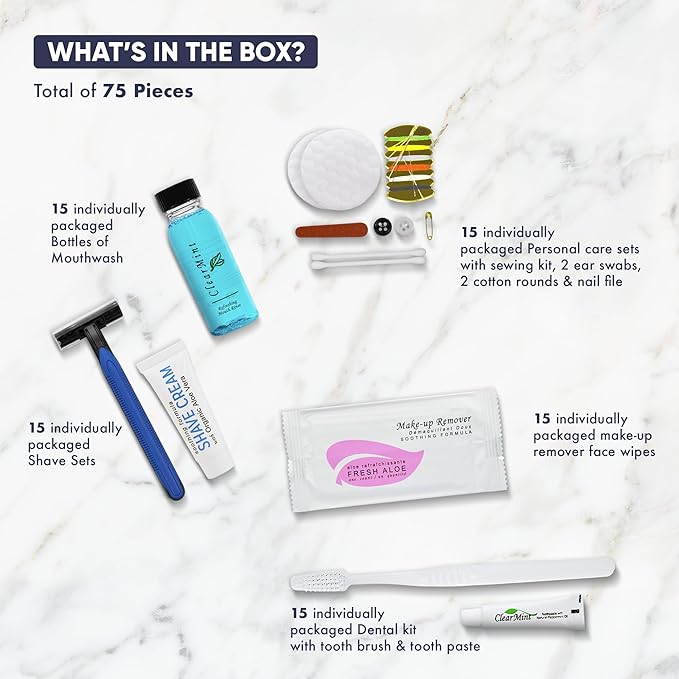 Personal Care Travel Toiletries | 1-Shoppe Amenities Kit | Travel Shaving Set, Toothbrush & Paste, Mouthwash, Makeup Wipes, Swabs, Nail File & Sewing Kit | 75 Pieces