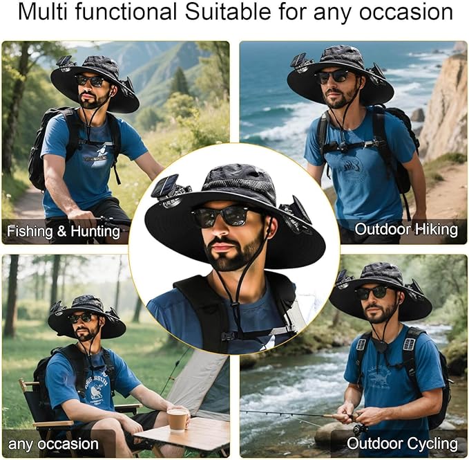 Outdoor Wide Brim Sun Hat with 2 Solar Fan for Men Women UPF50+ Outdoor Hiking Sun Protection Bucket Fishing&Cycling Hat