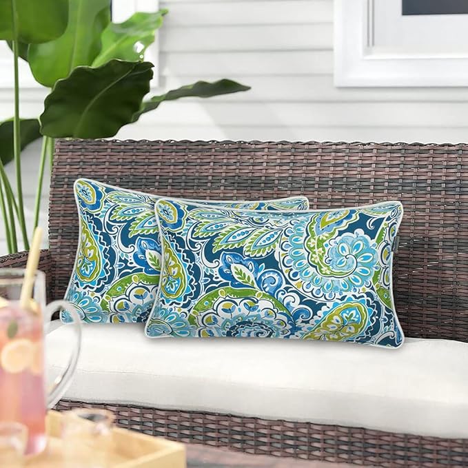 Magpie Fabrics Pack of 2 Outdoor Waterproof Lumbar Rectangular Throw Pillow with Insert, Home Decorative Toss Pillows All Weather Cushion for Patio Garden Car Office (12x20 Inch, Paisley Lapis Green)