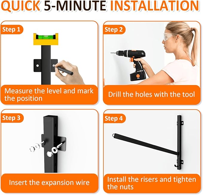 Kayak Storage Rack for Garage Wall Mount - Heavy L-Frame Holder with Anti-Slip Bungee & Complete Installation Kit, Supports 150LB (Fits Canoe/Paddle Board, Black) (2PACK)