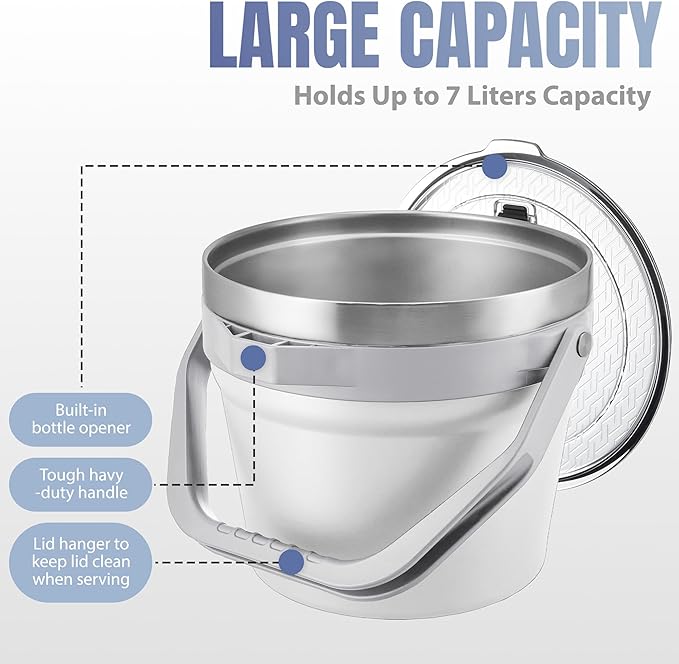 COKTIK 7L Vacuum Insulated Ice Bucket with Lid and Scoop& Tongs，Large capacity Stainless Steel Beverage Bucket for Cocktail, Champagne, Wine, Beer，Large Parties（Milk White Suit）
