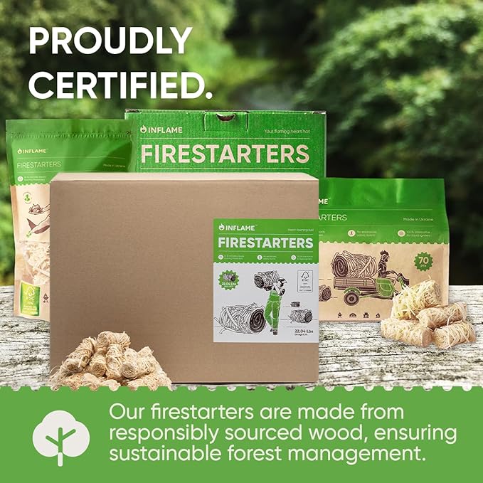 Inflame Fire Starters 800 pcs Fire Starters for Campfires, Grill, BBQ, Fireplace, Woodstove - Charcoal Starter - Waterproof, Weather-Resistant - Natural Wood Fireplace Starters