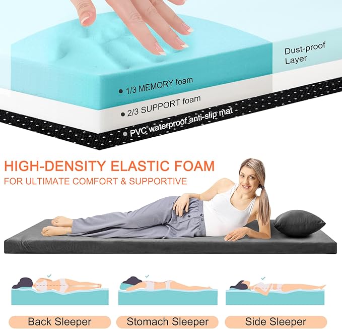 Memory Foam Camping Mattress Sleeping Pad, 3" Thick Waterproof Portable Roll Up Sleeping Mats & Floor Mattress Pad with Pillow + Travel Bag for Camping Car Truck SUV Tent Sleepover Kids Adult