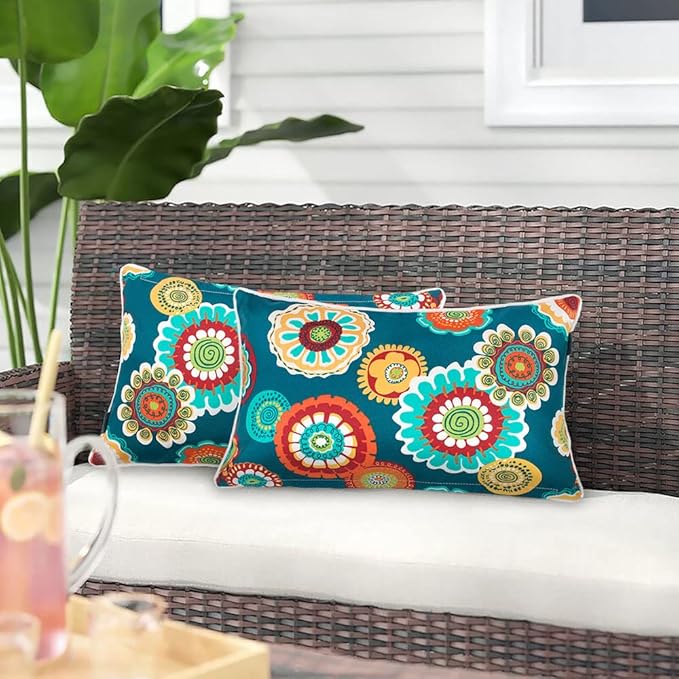 Magpie Fabrics Pack of 2 Outdoor Waterproof Lumbar Rectangular Throw Pillow with Insert 12x20 Inch, Home Decorative Toss Cushion for Patio Garden Car Office (Heronsbill Turquoise Green)