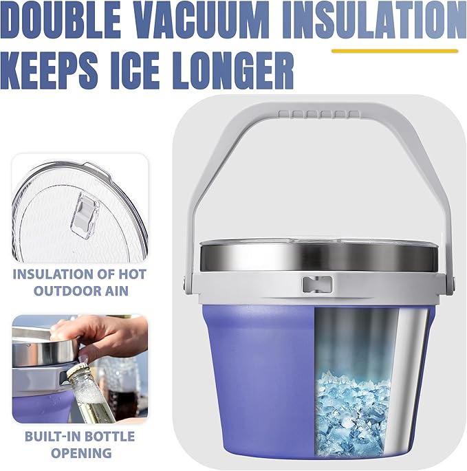 COKTIK 7L Vacuum Insulated Ice Bucket with Lid and Scoop& Tongs，Large capacity Stainless Steel Beverage Bucket for Cocktail, Champagne, Wine, Beer，Large Parties（Purple Suit）