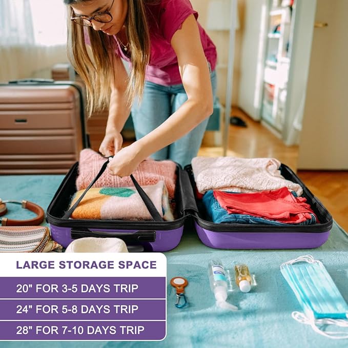 Kono 24 Inch Luggage Suitcase Lightweight with Spinner Wheels TSA Lock Hardside Medium Checked Luggage Durable Rolling Suitcase Purple