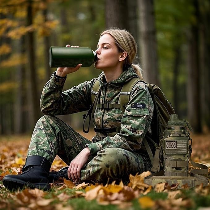 32 oz Water Bottle with Sleeve - Military Green Stainless Steel Metal Insulated Water Jug, Sports Bottle for Gym Hiking Camping Camo Pouch