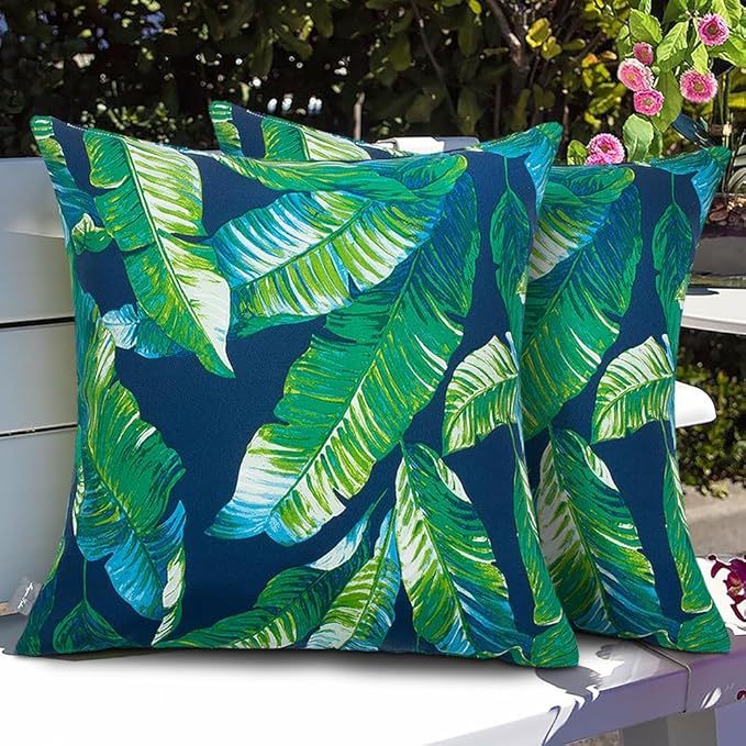 Magpie Fabrics Patio Pillow Covers ONLY 18"x18", Set of 2, Fade-Resistant Outdoor Indoor Decorative Throw Pillowcase Shell for Couch Garden Furniture - Green Lagoon Leaves