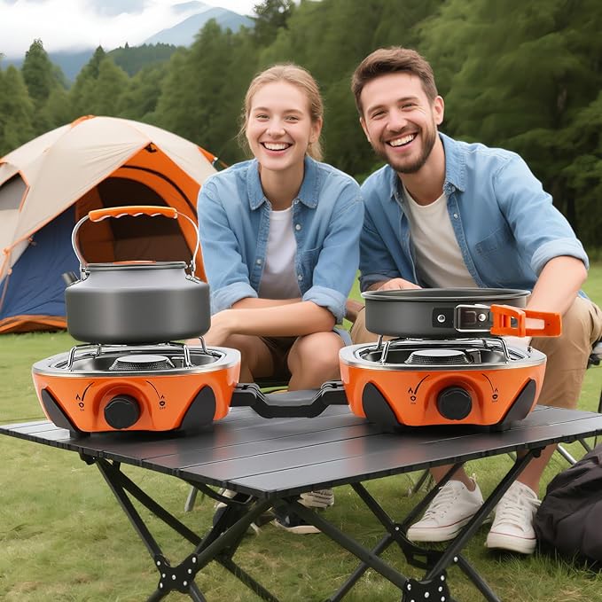 Propane Camping Stove 20,000 BTU - Portable 2 Burner Gas Stove with Adjustable Flame Control, Piezo Ignition, Carry Bag & Propane Adapter Hose, Folding Design for Camp, BBQ, Tailgating, Orange
