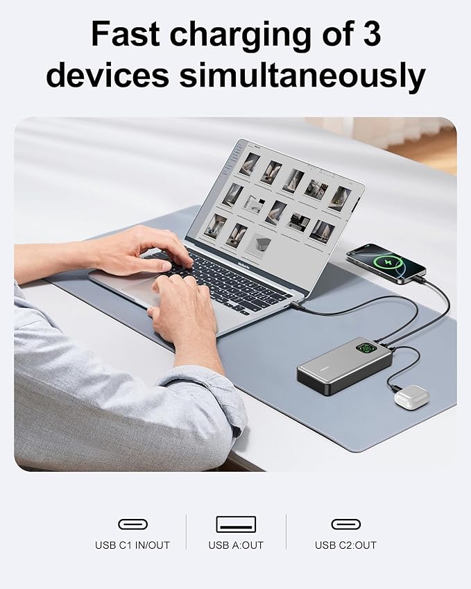 65W Power Bank, 25000mAh Laptop Portable Charger, 100W Total Fast Charging Battery Pack for MacBook Dell XPS iPad Tablet Steam Deck iPhone 17-12 Series Samsung Switch and More Silver