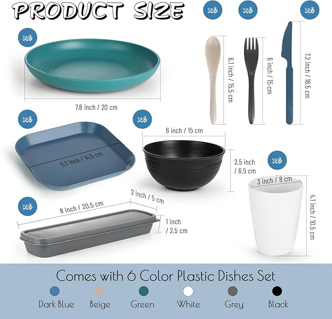 Wheat Straw Dinnerware Sets,48 Piece Unbreakable Dinnerware Sets,Reusable Wheat Straw Plates and Bowls Sets of 6 Person,Camping Mess Kit for Travel,Camping Essentials,Picnic,Home,Party