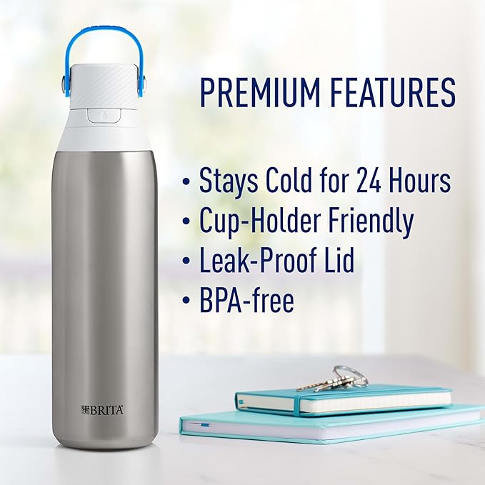 Brita Stainless Steel Premium Filtering Water Bottle, BPA-Free, Reusable, Insulated, Replaces 300 Plastic Water Bottles, Filter Lasts 2 Months or 40 Gallons, Includes 1 Filter, Stainless - 20 oz.
