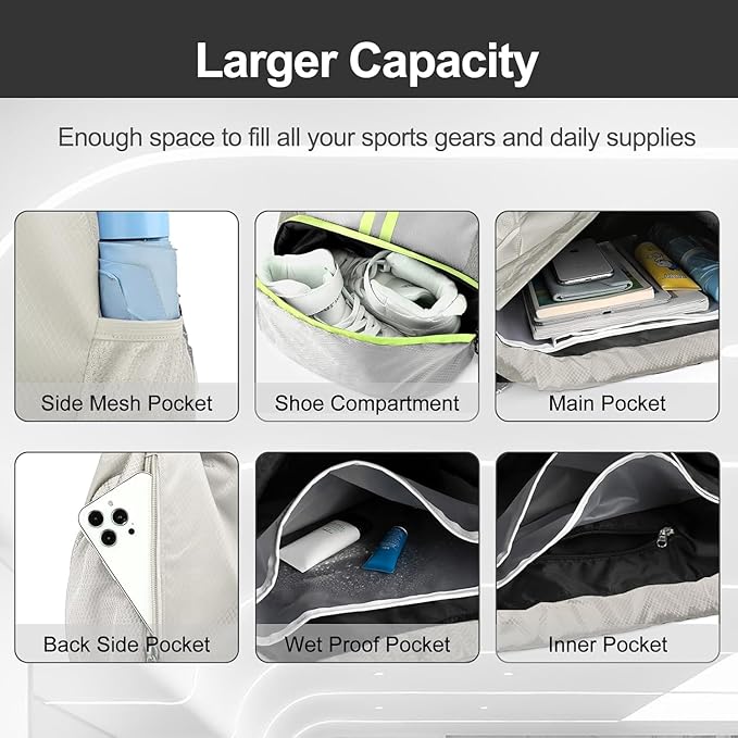 Hoedia Sports Drawstring Backpack - String Swim Gym Bag with Shoes Compartment and Wet Proof Pocket for Women and Men