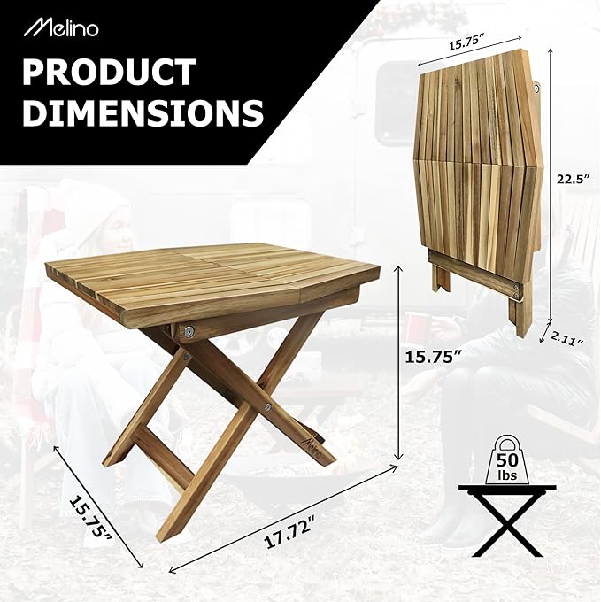 Melino Wooden Folding Outdoor Side Table, FSC Certified Acacia Weatherproof Side Tables, Wood Folding Small Table for Outdoor, Patio, Porch, Pool, Backyard, Garden, Balcony and Deck - Natural
