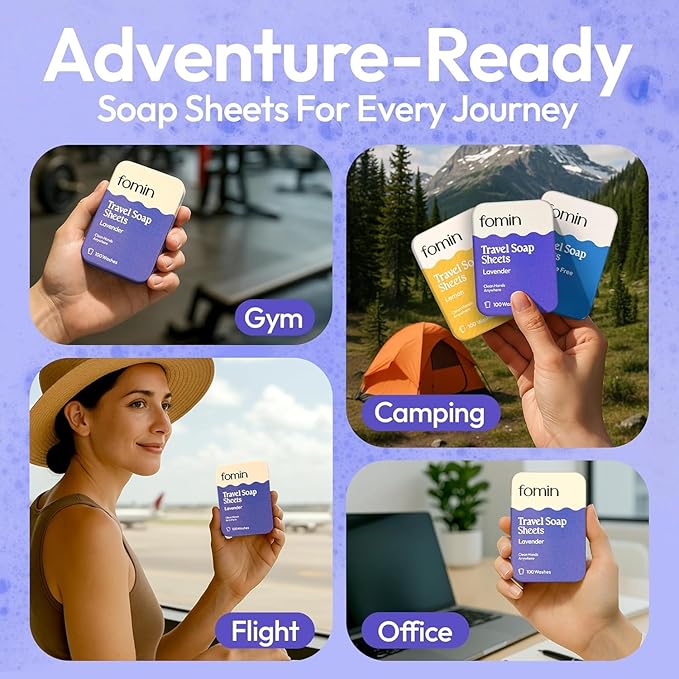 FOMIN - Antibacterial Paper Soap Sheets Tin for Traveling - (300 Sheets) Lavender - Portable Travel Hand Soap Sheets, Dissolvable Mini Camping Hand Soap for Hand Washing