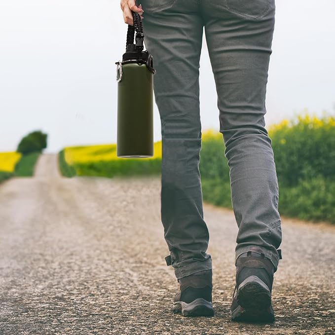 Volhoply Insulated Water Bottles Bulk 8 Pack, 40 oz Stainless Steel Sports Bottle with Paracord Handle Spout Lid, Vacuum Metal Travel Cups with Wide Mouth,Reusable Large Water Cup(Army Green,8 Set)