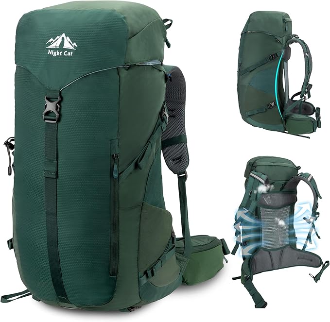 Night Cat Internal-frame Hiking Backpack: 50L Camping Backpack for Men Women Lightweight Waterproof Rain Cover Green