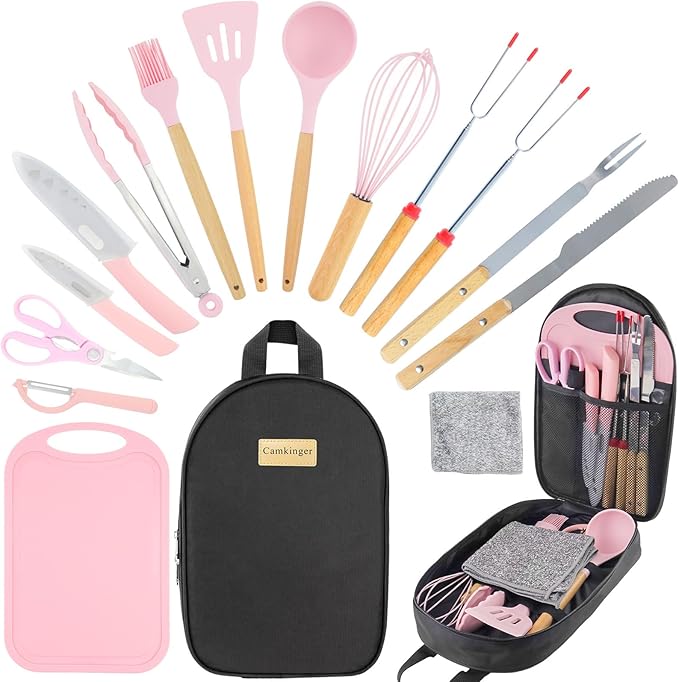 Camping Accessories Kitchen Cooking Utensils Set - Portable Outdoor Camp Cookware Set, Silicone Camper Essentials Gear Must Have Supplies for Travel RV BBQ Grill Picnic Hiking