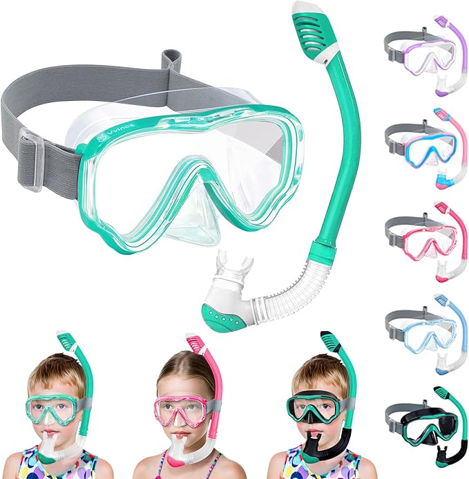 Vvinca Snorkeling Gear for Kids Dry Top Kids Snorkel Set for Boys Girls Junior Youth Children Age 4-14 Swim Goggles with Nose Cover Anti-Fog Panoramic View Adjustable Elastic Diving Mask and Snorkel