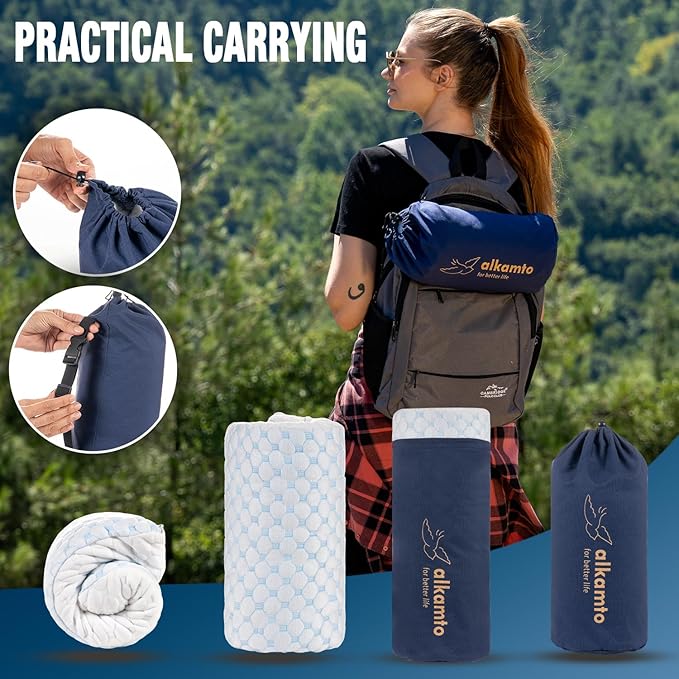 alkamto Cooling Shredded Memory Foam Pillow for Travel and Camping – Adjustable Gel for Personalized Support – Double-Sided Ice Silk & Soft Rayon – Lightweight, Compressible (White) (Travel)