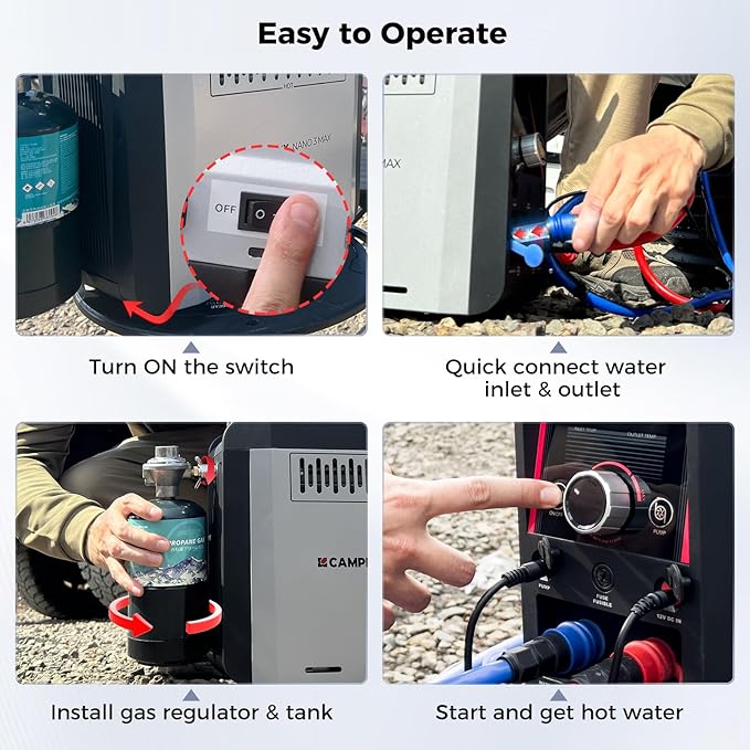 CAMPLUX Nano 3 Max, Portable Propane Water Heater & Shower Pump, Rechargeable Portable Shower System, Instant Hot Water for Camping, Hiking, Glamping & Vacationing