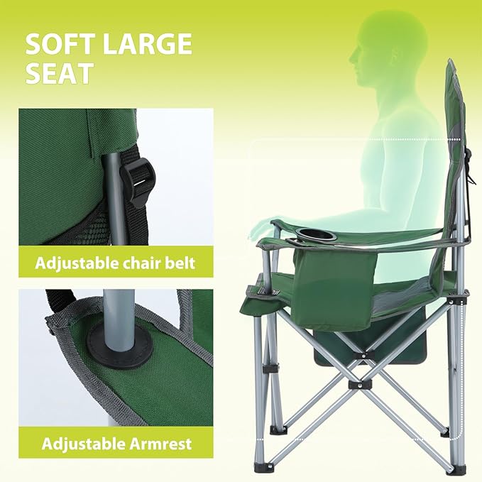 Nice C Camping Chair, Portable Chair, Lawn Chairs, Outdoor Chairs, with Armrest, Cooler Bag, Cup Holder, Side Pocket, for Camping, Traveling, Picnic (Green&Grey 1-Pack)