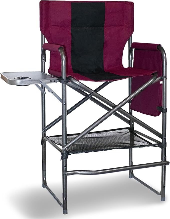 30" Tall Directors Chair with Side Table, 400LBS Bar Height Folding Camping Chair for Makeup Artists, Outdoor Events, Portable Foldable Chair with Cup Holder & footrest - Wine Red/Black