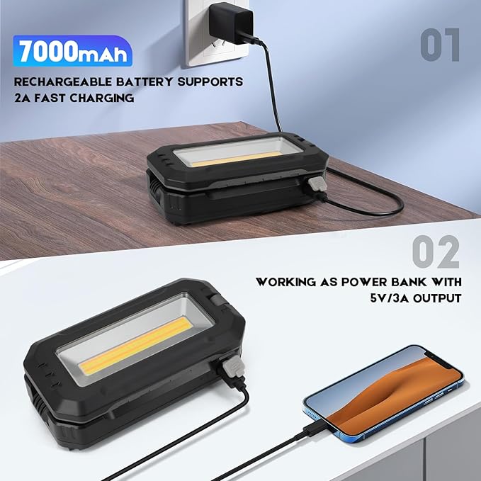 Work Light, Portable LED Work Lights, 7000mAh Rechargeable Camping Lights,1200 Lumens Magnetic Work Light for Job Site,Emergency and Camping (Black)