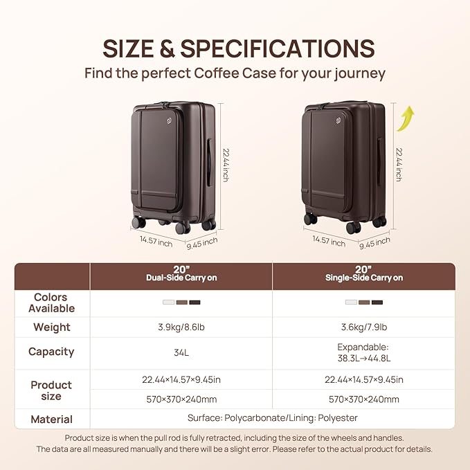 NINETYGO Carry On Luggage 22x14x9 Airline Approved, 20 Inch Suitcase with Front Compartment, Coffee-Infused PC Hard Shell, Eco-Friendly, Cup Holder, Clamshell, TSA Lock, Spinner Wheels (Flat White)