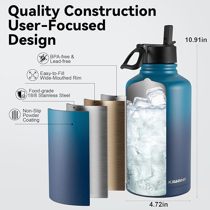KXIAOCHEN Insulated Water Bottle, Stainless Steel Water Bottle, 2 Lids (Straw and Handle Lid),Wide Mouth Metal Water Bottles Keep Hot and Cold, Double Walled, Thermo Mug, Metal Canteen