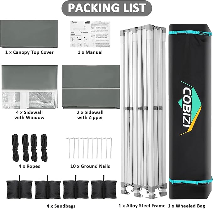 COBIZI 13x26 Pop Up Canopy with 6 Sidewall,Heavy Duty Canopy UPF 50+ All Season Wind Waterproof Commercial Outdoor Wedding Party Tents for Parties Canopy Gazebo with Roller Bag(13 x 26 ft Gray)