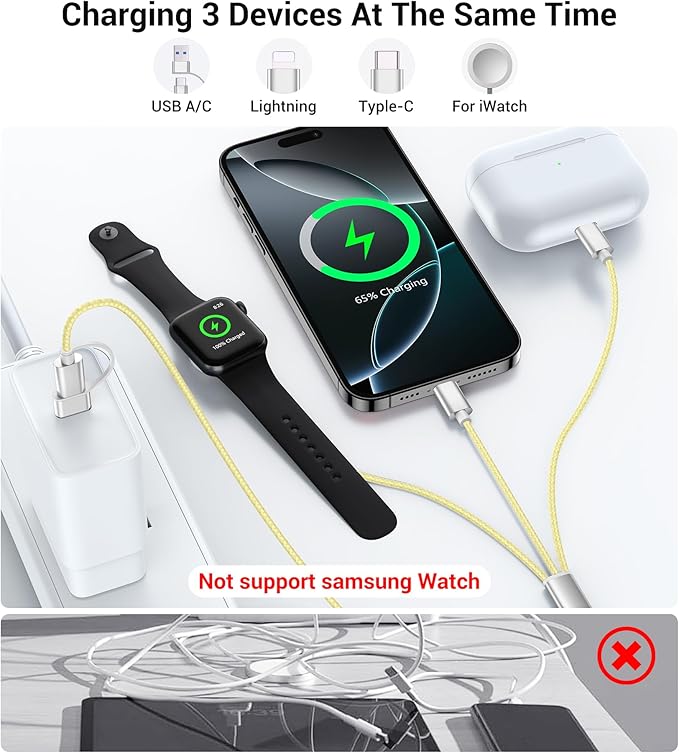 Temdan for Travel Vacation Essentials,3 in 2 USB C Cable for Apple Watch Charger/iPhone 17 Charger/Lightning,Multi Charging Cable Cord,Camping Essentials,Designed for iWatch &iPhone 16-12-4FT Yellow